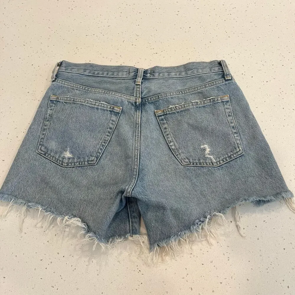 Agolde Parker Long Light Blue Distressed Denim Shorts in Swapmeet 27